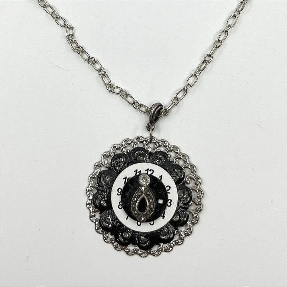 Vintage Steampunk Watch Face Pendant Necklace Silver Tone Black White Retro Art